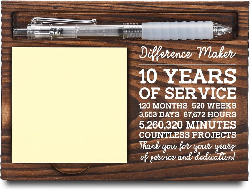 FTONENI 10th Work Anniversary Appreciation Gifts, 10 Year Work Anniversary Thank You Gifts, Sticky Note Holder, Post-it Note Dispenser for Desk, Wooden Post-it Note & Pen Holder 6.5" x 4.7" - FTA113 - Image 1